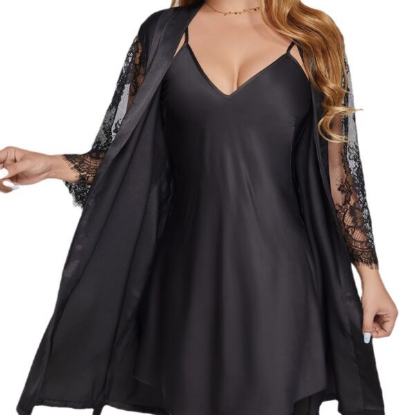 2-Piece Women's Sexy V-Neck Pajama Set - Solid Color Lace Trim Paneled Camisole Dress & Mid-Length Robe